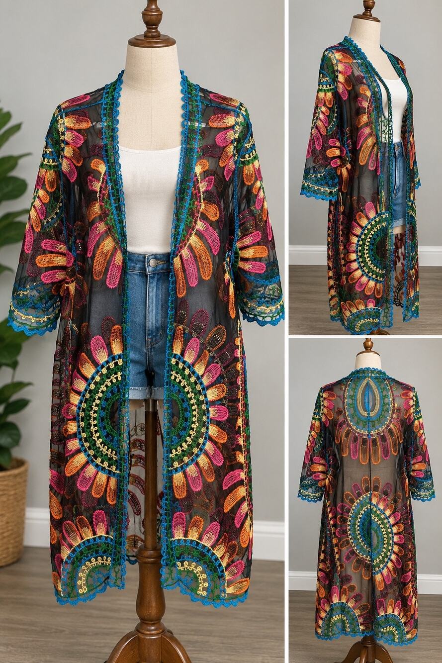 ASHA Sheer Black Embroidered Kimono Duster Multicolor Boho One Size